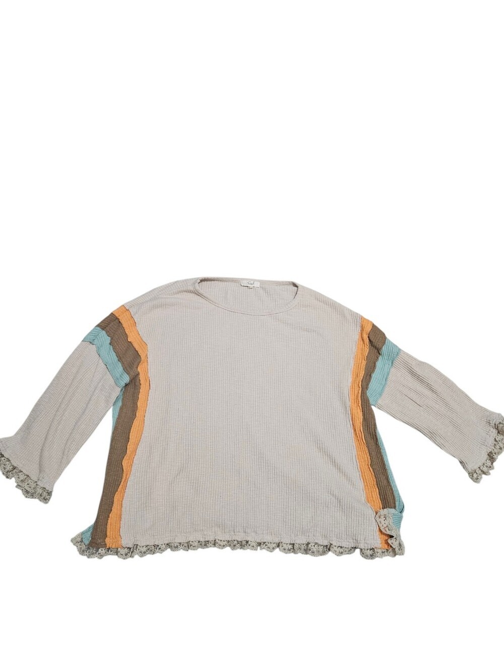 Easel Cream Ribbed Knit Colorblock Boho Top - Picture 2 of 8